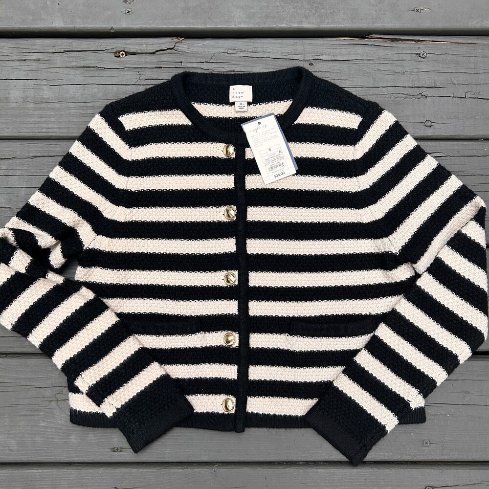 A New Day Lady Cardigan Small Black Cream Stripe Gold Buttons NWT Preppy